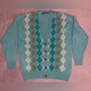 Vintage Shannon Traders Men's Argyle Cardigan Sweater, Teal, Brown, and White XL